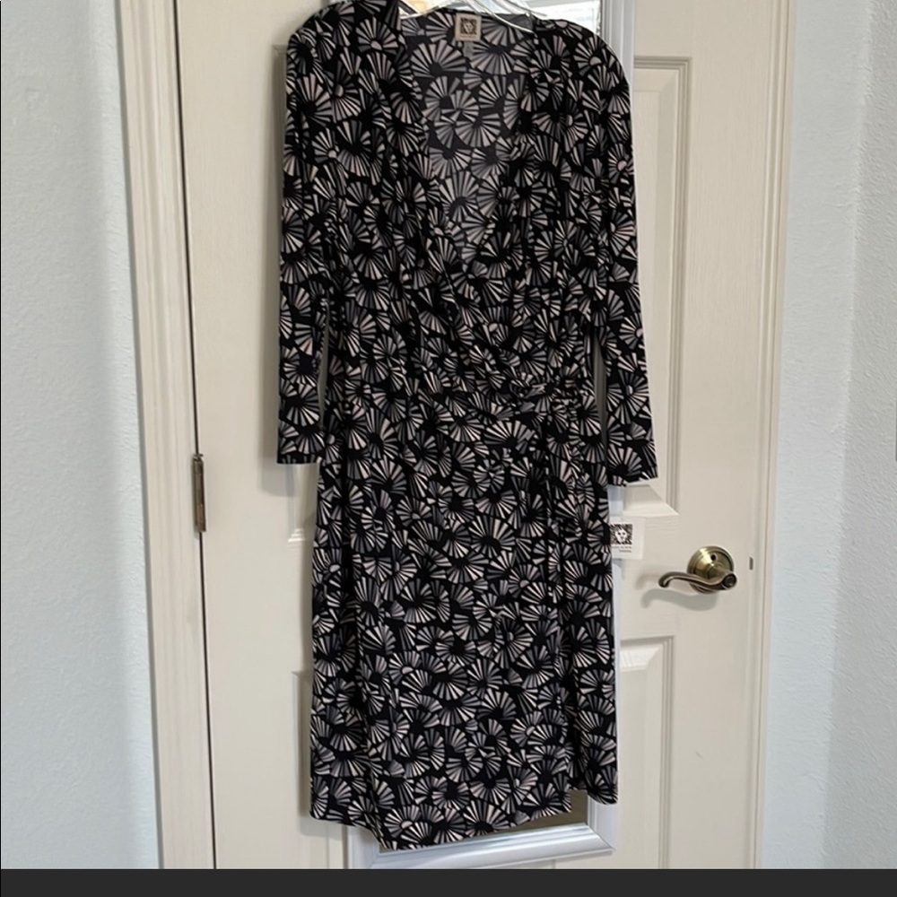 Black & White Wrap Dress with Fan Print